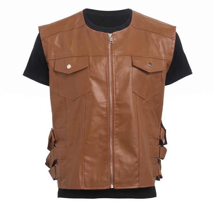 Gilet en cuir pour homme avec poches à rabat, style motard décontracté - image 10