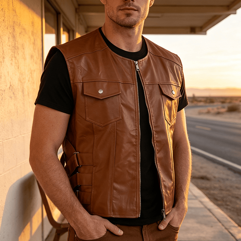 Gilet en cuir pour homme avec poches à rabat, style motard décontracté - Brun - 5XL - image 0