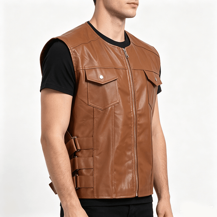 Gilet en cuir pour homme avec poches à rabat, style motard décontracté - image 2