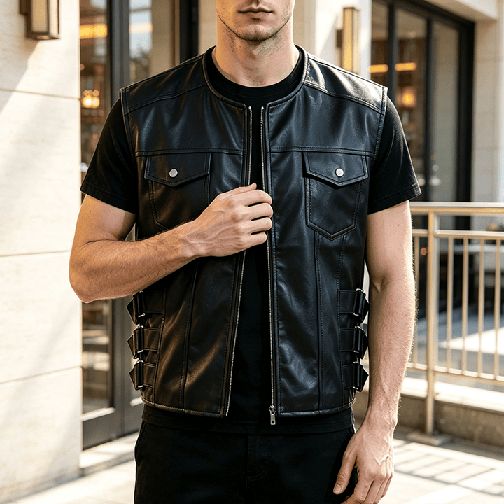 Gilet en cuir pour homme avec poches à rabat, style motard décontracté - Noir - 5XL - image 4
