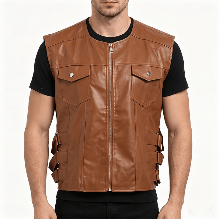 Gilet en cuir pour homme avec poches à rabat, style motard décontracté - image 1