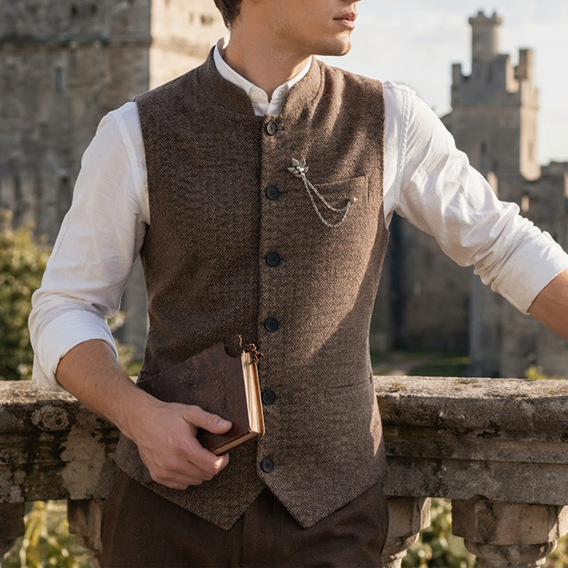 Gilet de costume vintage en tweed pour homme avec broche à chaîne royale - Café - 2XL - image 0