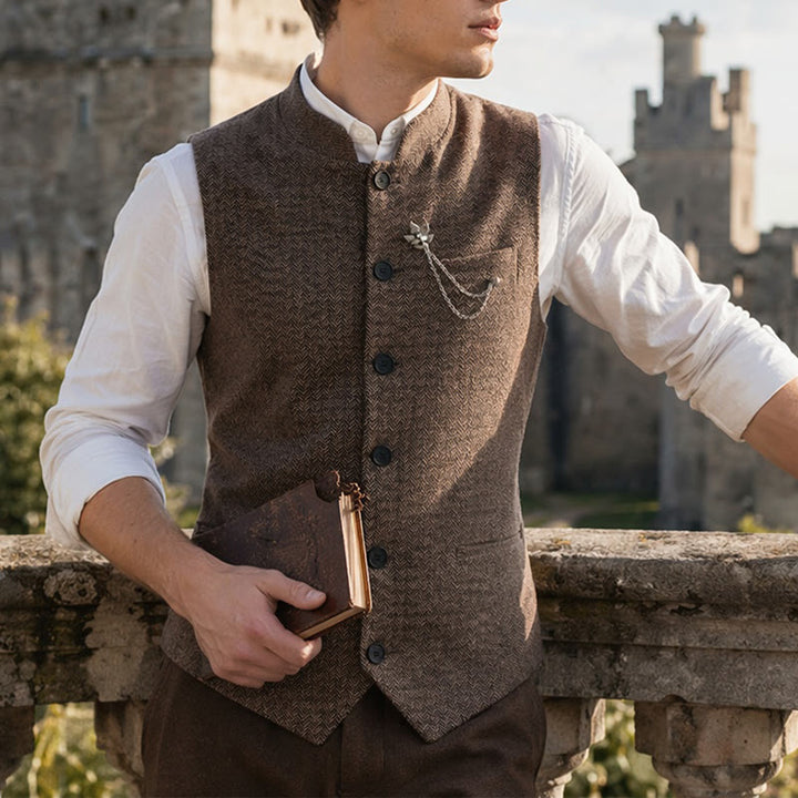 Gilet de costume vintage en tweed pour homme avec broche à chaîne royale - Café - 2XL - image 0