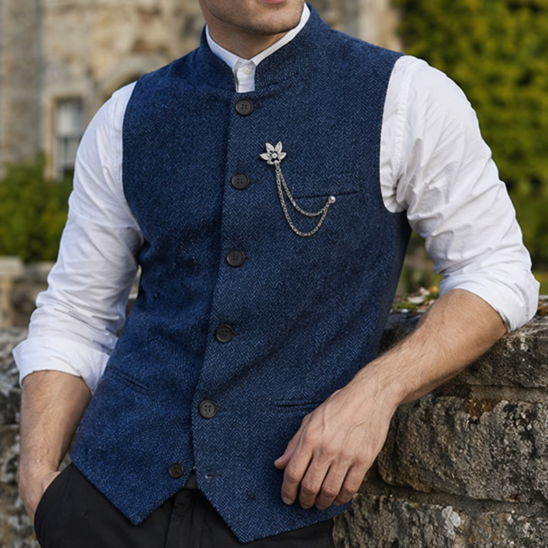 Gilet de costume vintage en tweed pour homme avec broche à chaîne royale - Marine - 2XL - image 6