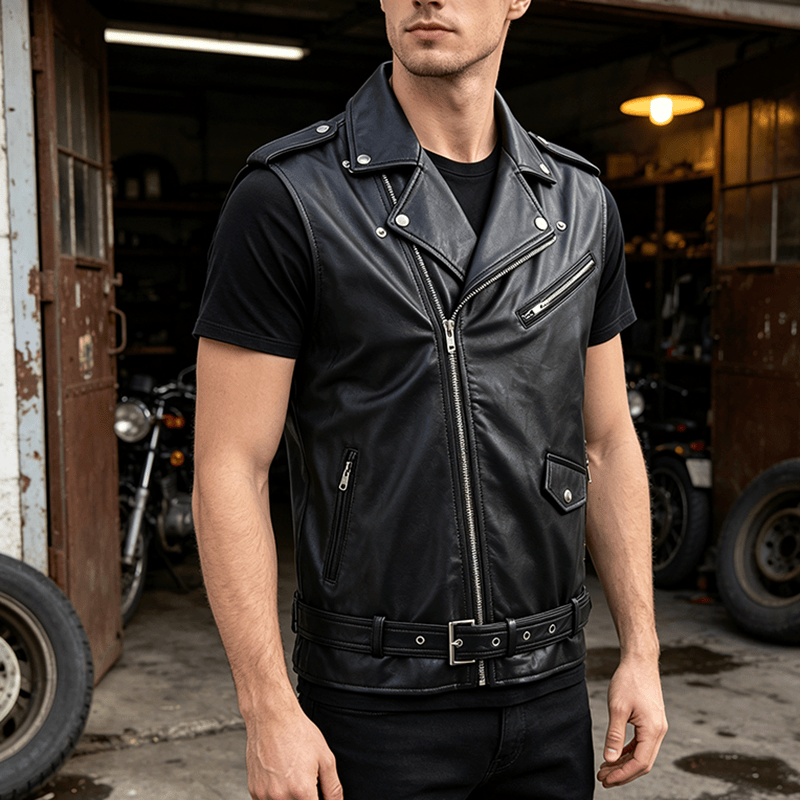 Gilet en cuir de motard asymétrique à fermeture éclair pour homme, style punk. - Noir - 4XL - image 4