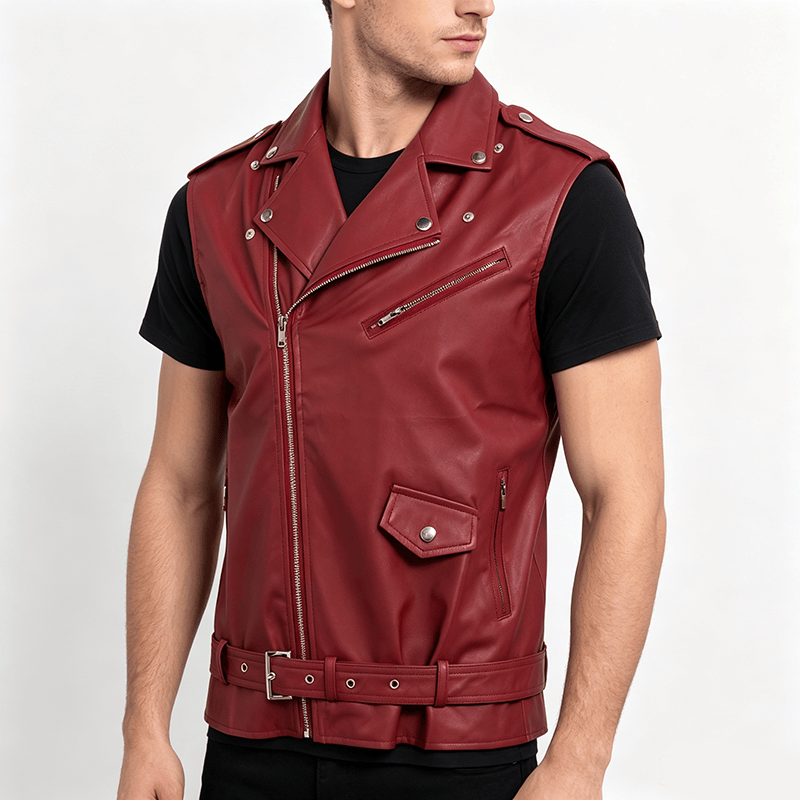 Gilet en cuir de motard asymétrique à fermeture éclair pour homme, style punk. - image 2