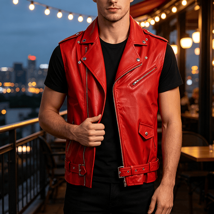 Gilet en cuir de motard asymétrique à fermeture éclair pour homme, style punk. - Rouge - 4XL - image 5