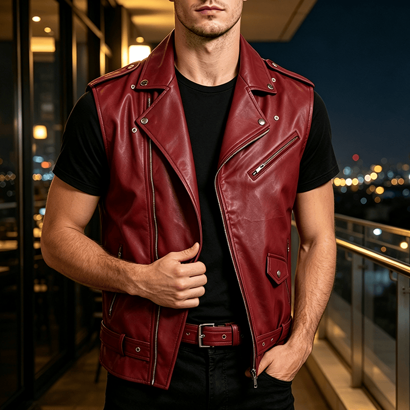 Gilet en cuir de motard asymétrique à fermeture éclair pour homme, style punk. - Vin - 4XL - image 0