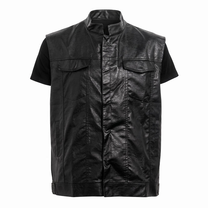 Gilet en cuir noir uni pour homme, style hip-hop vintage, avec poches à rabat - image 8