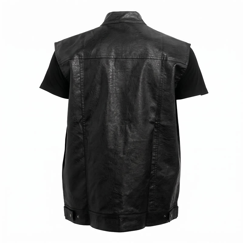 Gilet en cuir noir uni pour homme, style hip-hop vintage, avec poches à rabat - image 9