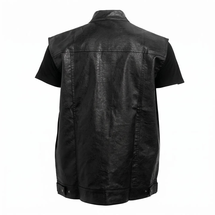 Gilet en cuir noir uni pour homme, style hip-hop vintage, avec poches à rabat - image 9