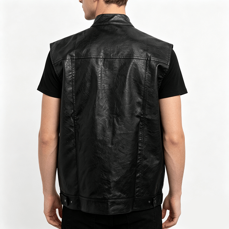Gilet en cuir noir uni pour homme, style hip-hop vintage, avec poches à rabat - image 3