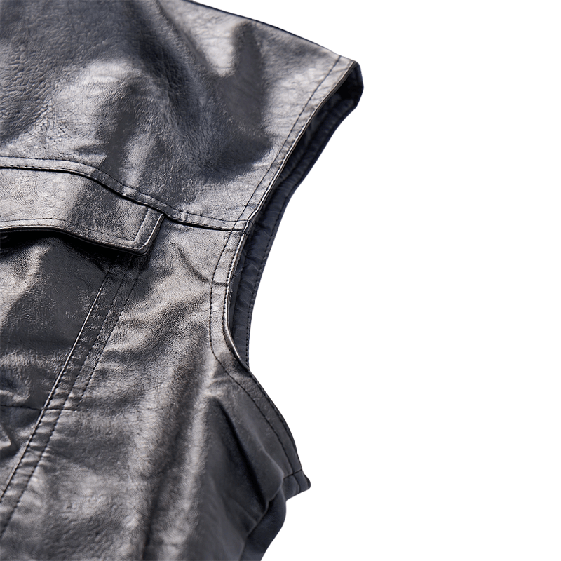Gilet en cuir noir uni pour homme, style hip-hop vintage, avec poches à rabat - image 7