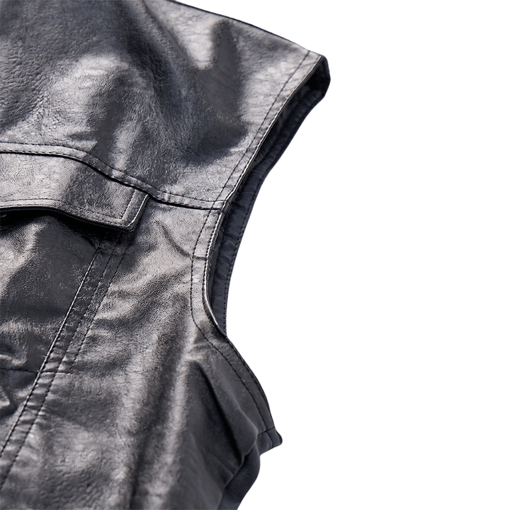 Gilet en cuir noir uni pour homme, style hip-hop vintage, avec poches à rabat - image 7