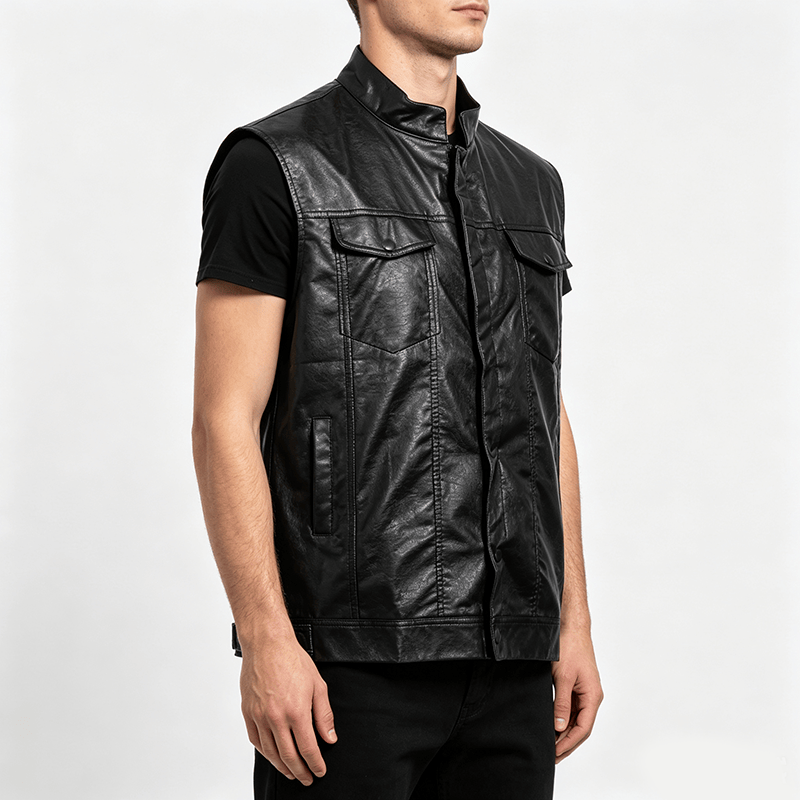 Gilet en cuir noir uni pour homme, style hip-hop vintage, avec poches à rabat - image 2