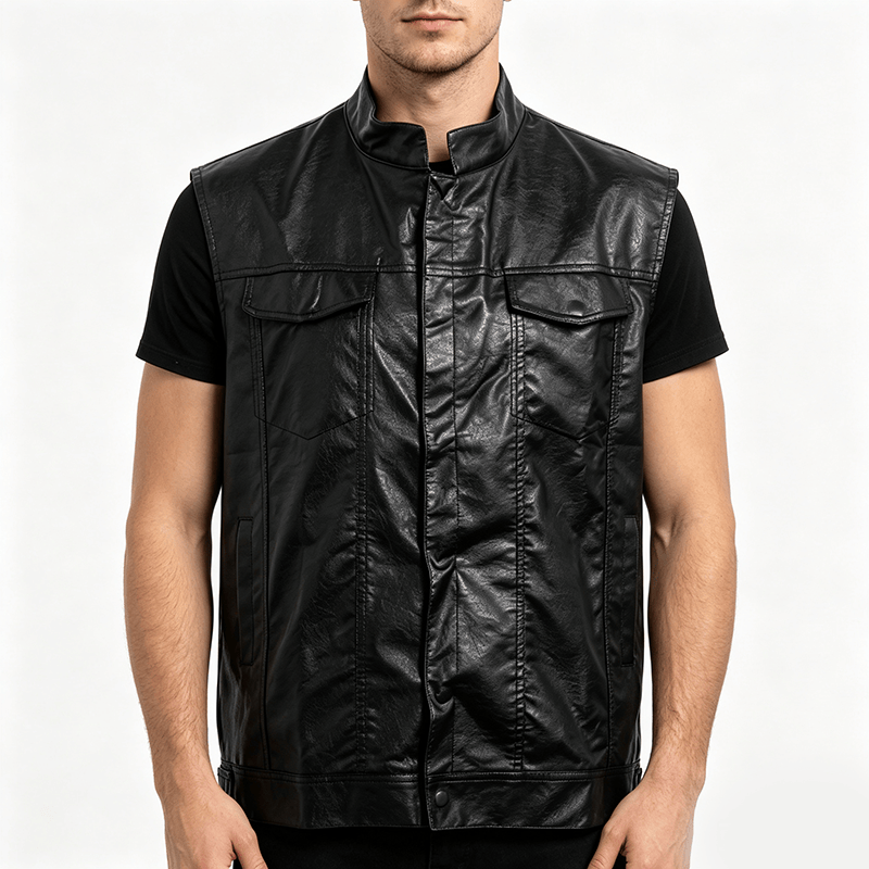 Gilet en cuir noir uni pour homme, style hip-hop vintage, avec poches à rabat - image 1