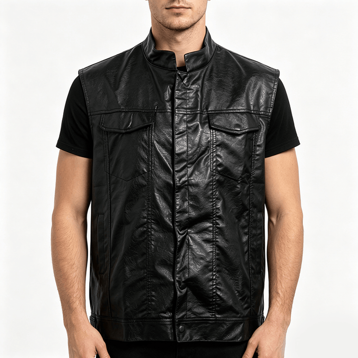 Gilet en cuir noir uni pour homme, style hip-hop vintage, avec poches à rabat - image 1
