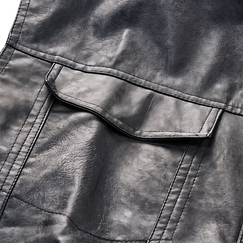 Gilet en cuir noir uni pour homme, style hip-hop vintage, avec poches à rabat - image 5