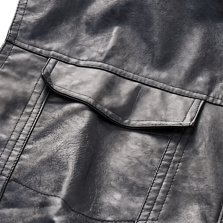 Gilet en cuir noir uni pour homme, style hip-hop vintage, avec poches à rabat - image 5