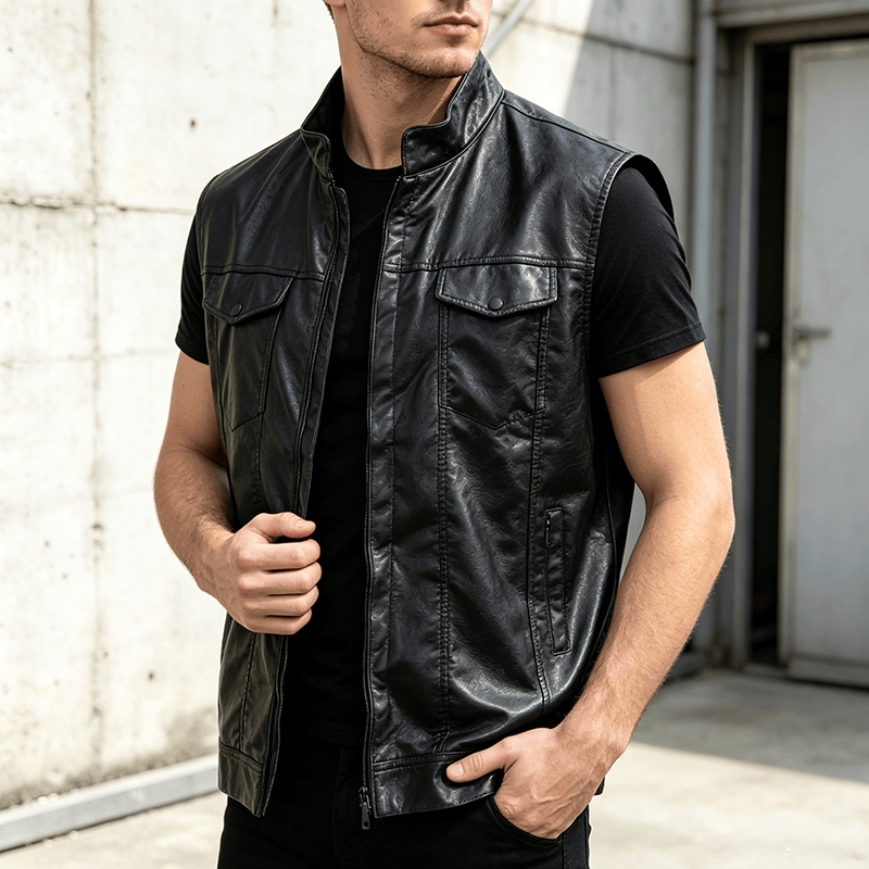 Gilet en cuir noir uni pour homme, style hip-hop vintage, avec poches à rabat - Noir - 3XL - image 0
