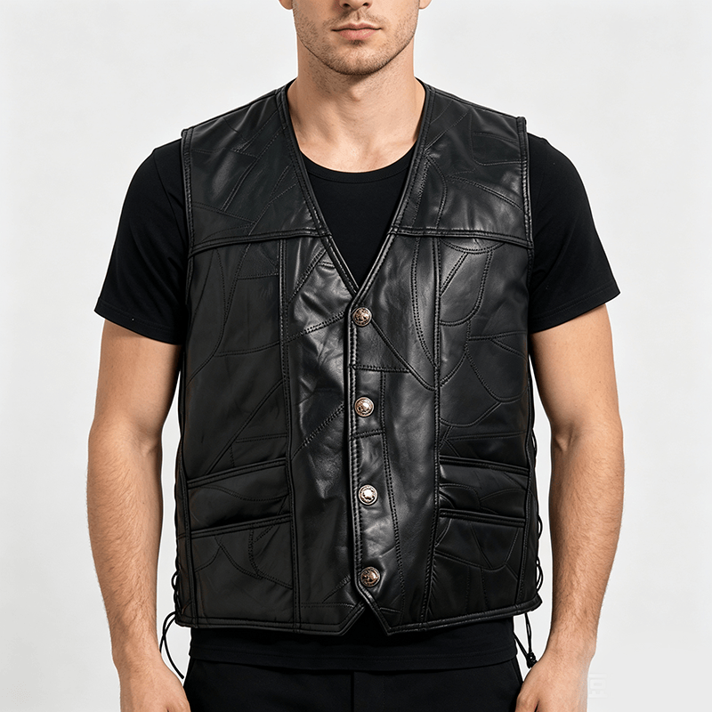 Gilet de motard punk en cuir à cordon latéral pour homme - image 1