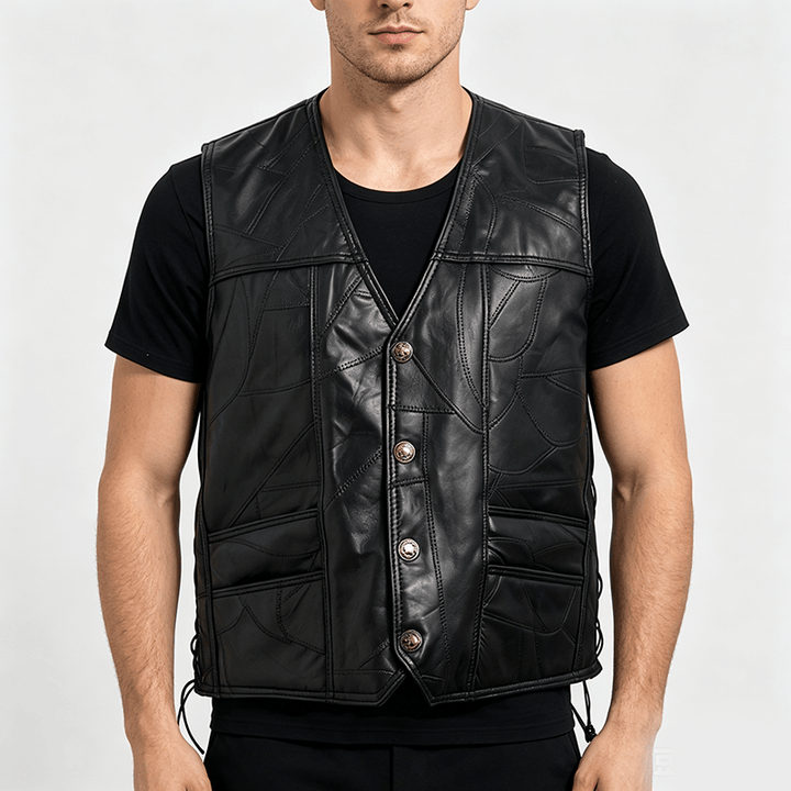 Gilet de motard punk en cuir à cordon latéral pour homme - image 1