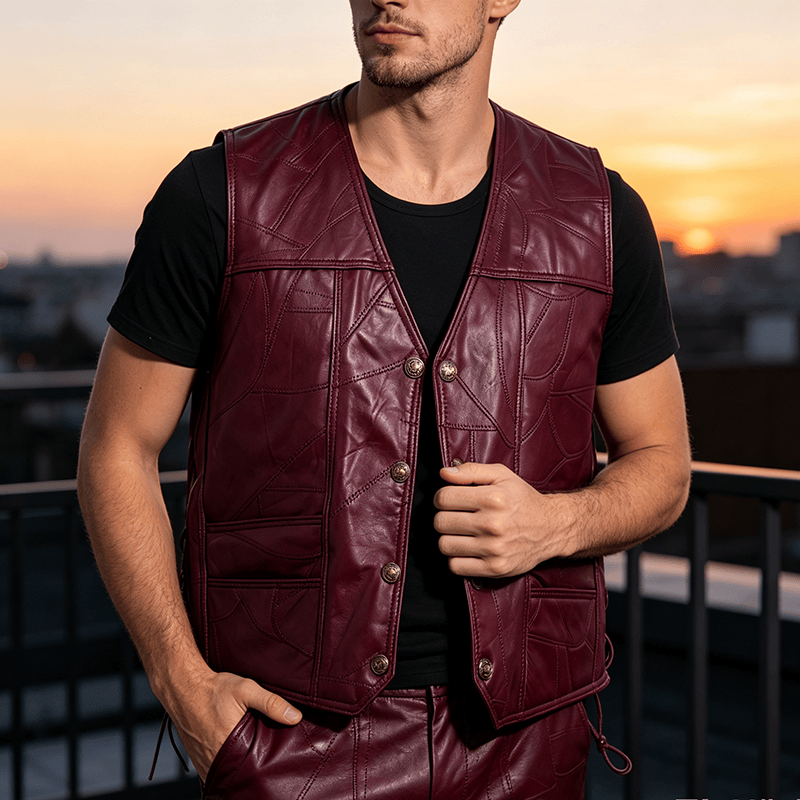 Gilet de motard punk en cuir à cordon latéral pour homme - Rouge - 5XL - image 4
