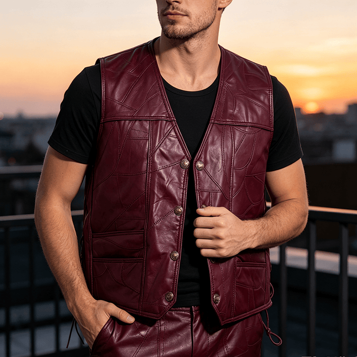 Gilet de motard punk en cuir à cordon latéral pour homme - Rouge - 5XL - image 4