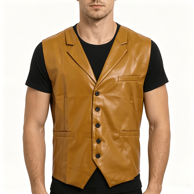 Gilet en cuir à revers cranté style western vintage pour homme - image 1