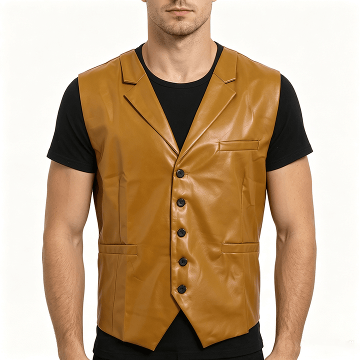 Gilet en cuir à revers cranté style western vintage pour homme - image 1