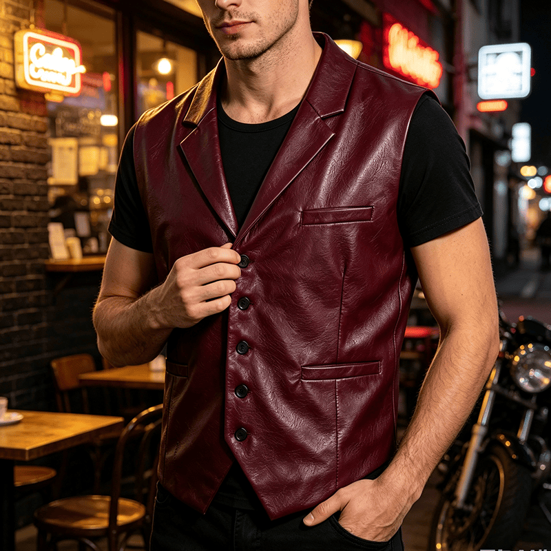 Gilet en cuir à revers cranté style western vintage pour homme - Vin - 2XL - image 5