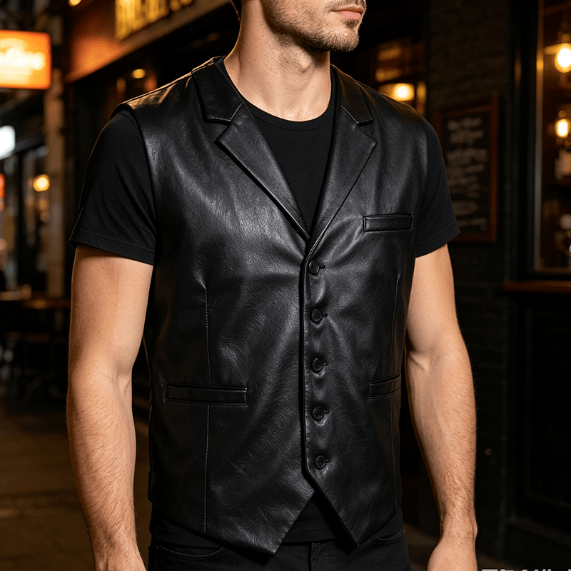 Gilet en cuir à revers cranté style western vintage pour homme - Noir - 2XL - image 4