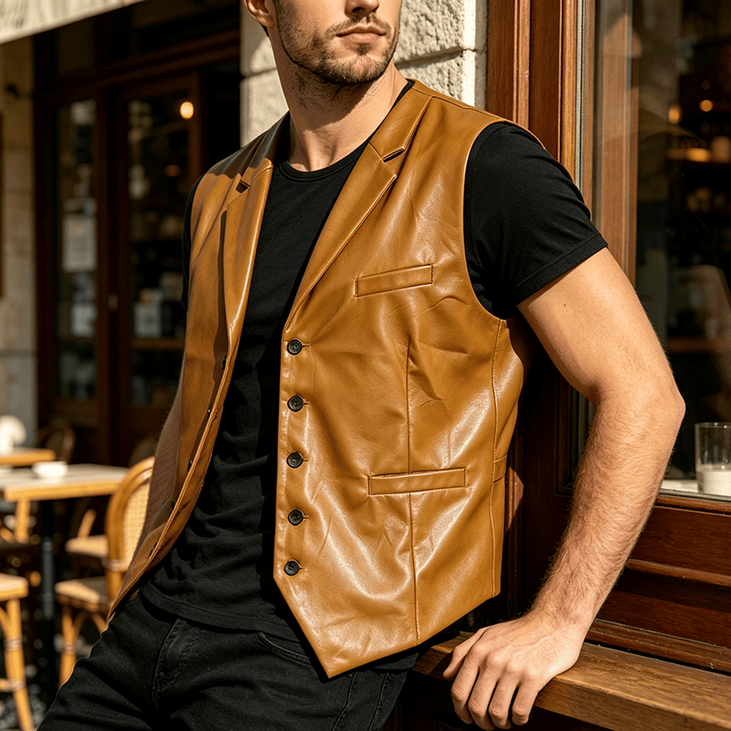Gilet en cuir à revers cranté style western vintage pour homme - Kaki - 2XL - image 0