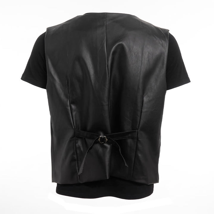 Gilet en cuir noir uni pour homme, style streetwear décontracté - image 10