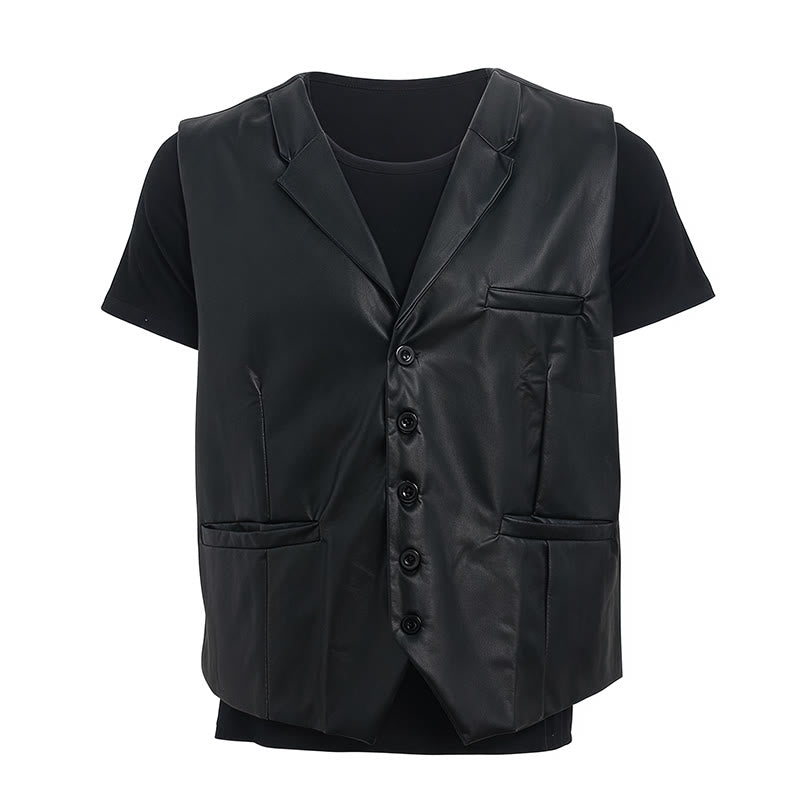 Gilet en cuir noir uni pour homme, style streetwear décontracté - image 9