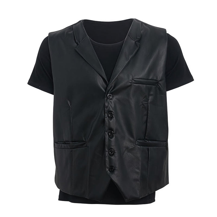 Gilet en cuir noir uni pour homme, style streetwear décontracté - image 9