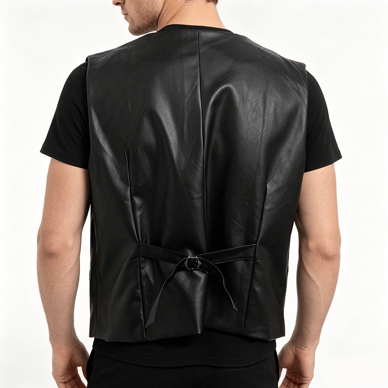 Gilet en cuir noir uni pour homme, style streetwear décontracté - image 3