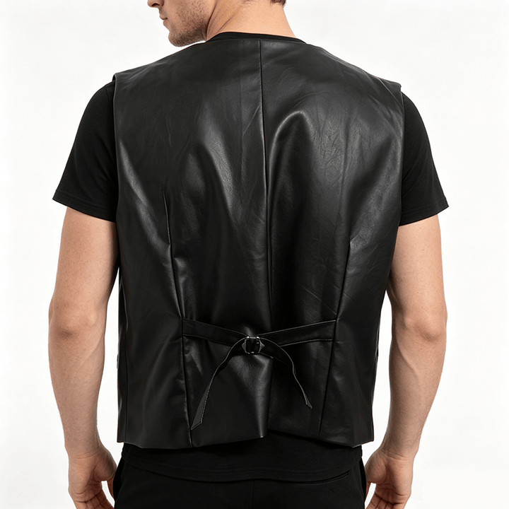 Gilet en cuir noir uni pour homme, style streetwear décontracté - image 3