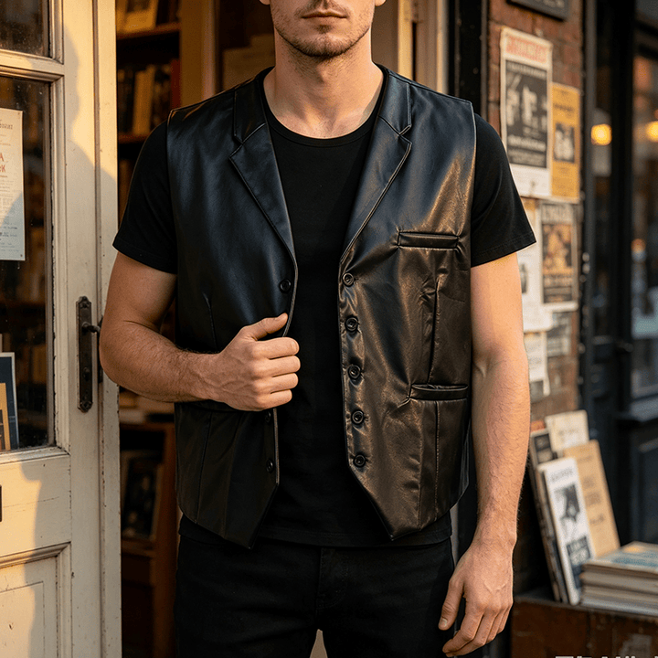 Gilet en cuir noir uni pour homme, style streetwear décontracté - Noir - 3XL - image 0