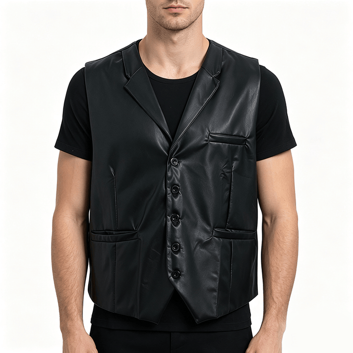 Gilet en cuir noir uni pour homme, style streetwear décontracté - image 1