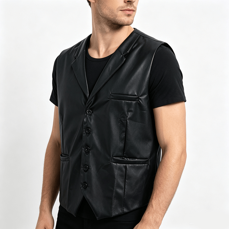 Gilet en cuir noir uni pour homme, style streetwear décontracté - image 2