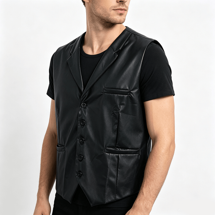 Gilet en cuir noir uni pour homme, style streetwear décontracté - image 2