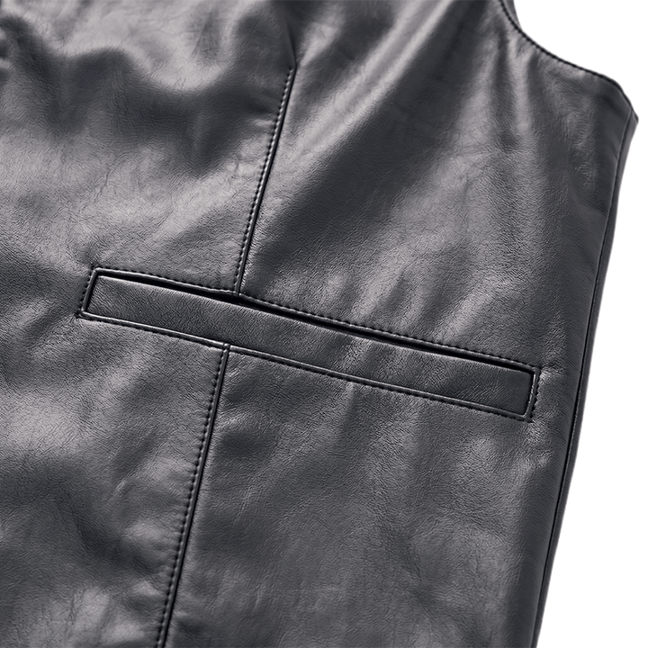 Gilet en cuir noir uni pour homme, style streetwear décontracté - image 6