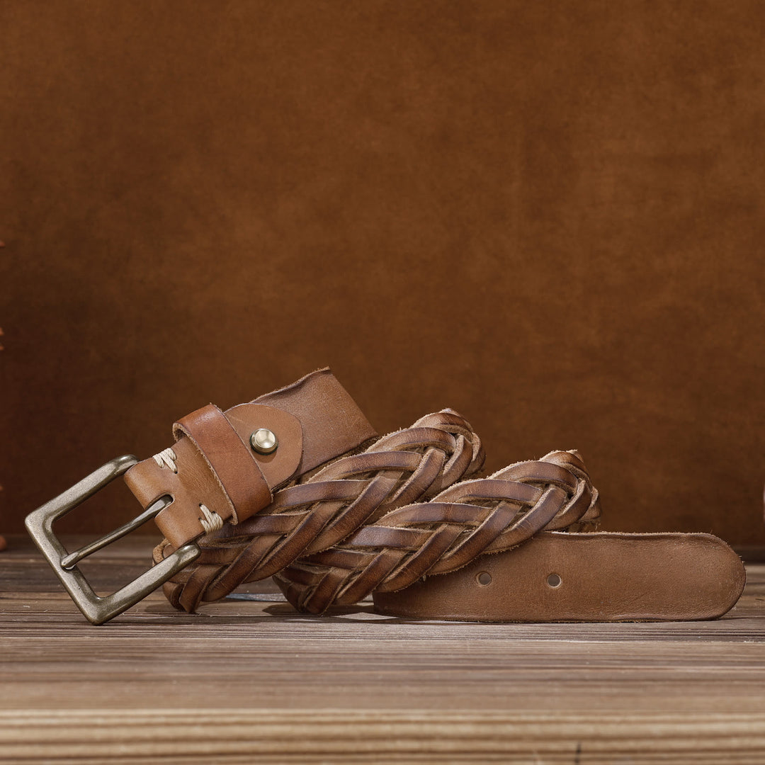 Ceinture en cuir tressé à la main sans trou - Jaune - 46 - image 0