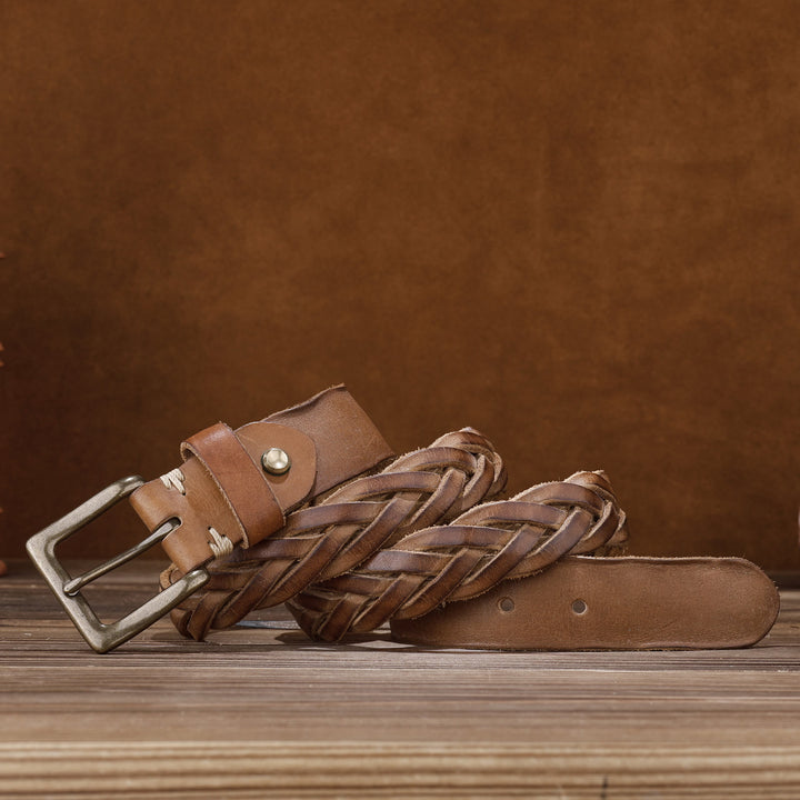 Ceinture en cuir tressé à la main sans trou - Jaune - 46 - image 0