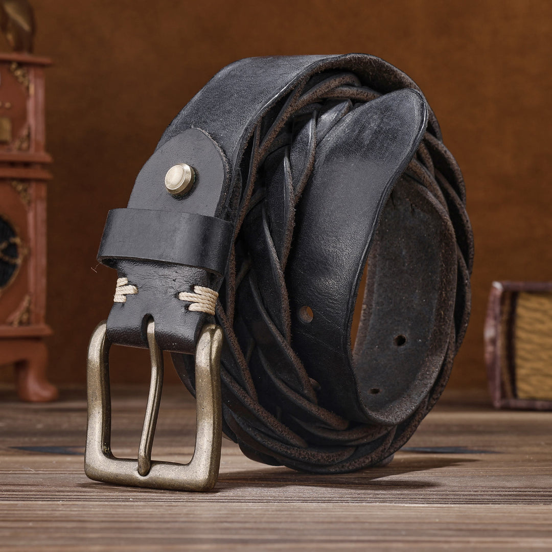 Ceinture en cuir tressé à la main sans trou - Noir - 46 - image 9