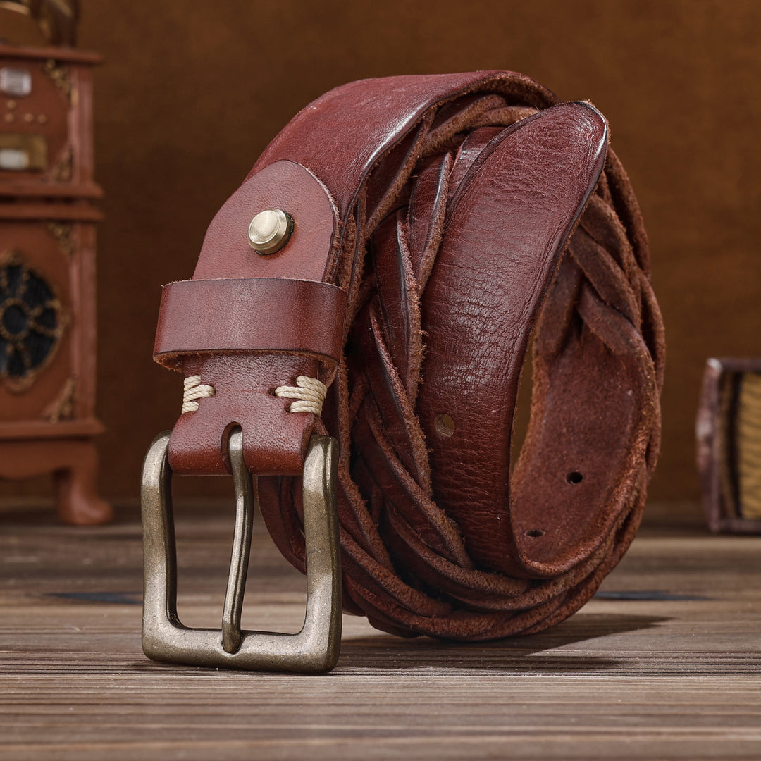 Ceinture en cuir tressé à la main sans trou - Rouge - 46 - image 11