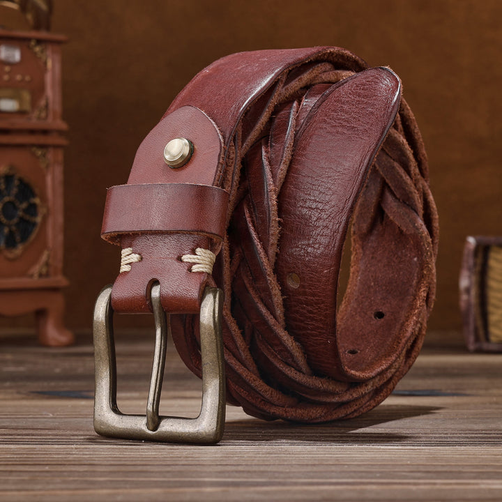 Ceinture en cuir tressé à la main sans trou - Rouge - 46 - image 11