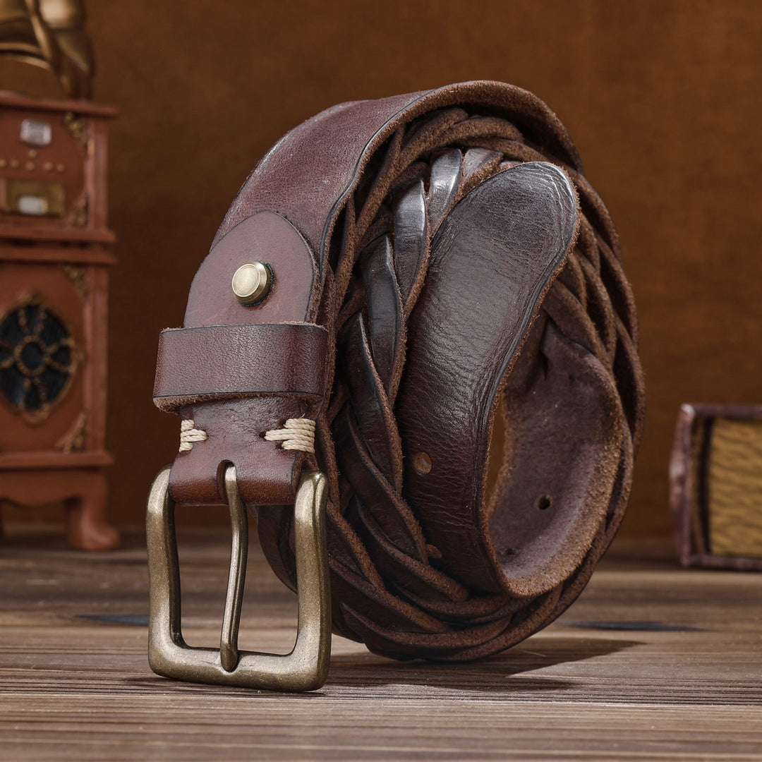 Ceinture en cuir tressé à la main sans trou - Brun - 46 - image 8