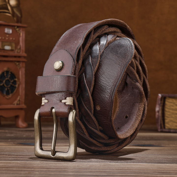 Ceinture en cuir tressé à la main sans trou - Brun - 46 - image 8